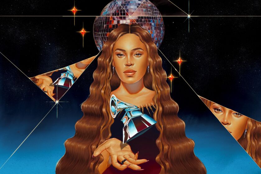 Illustration of Beyoncé with a floating Grammy.