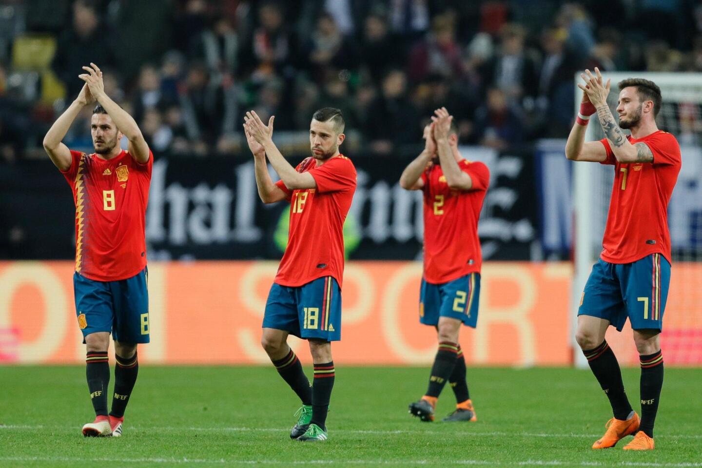 Duesseldorf (Germany), 23/03/2018.- (L-R) Spain's Koke, Jordi Alba, Daniel Carvajal and Saukl Niguez react after the international friendly soccer match between Germany and Spain in Duesseldorf, Germany, 23 March 2018. (España, Futbol, Amistoso, Alemania) EFE/EPA/RONALD WITTEK ** Usable by HOY and SD Only **