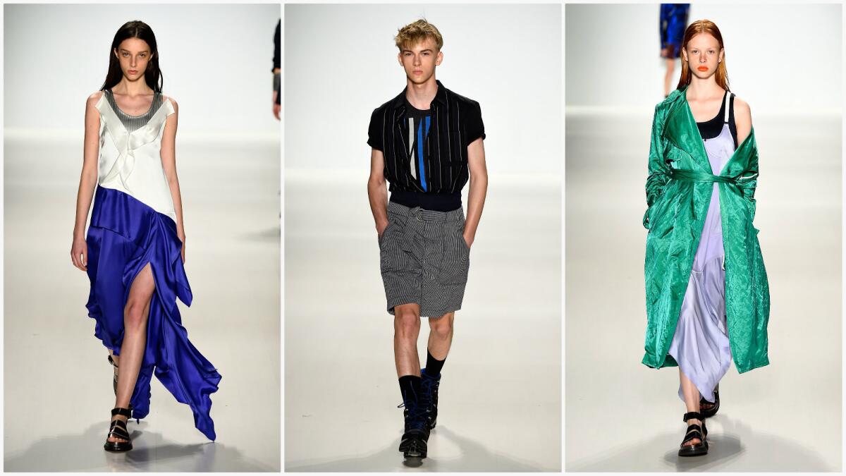 Looks from the Richard Chai men's (center) and women's (left and right) collections, shown at the Lincoln Center tents on the first day of Mercedes-Benz New York Fashion Week.