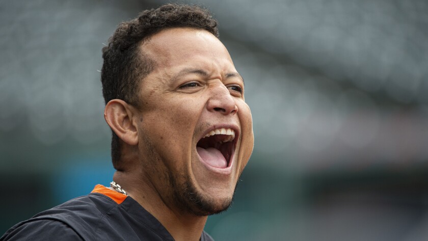 Detroit Tigers' Miguel Cabrera clowns around before a baseball game against the Cleveland Indians in Cleveland, Saturday, April 10, 2021. (AP Photo/Phil Long)