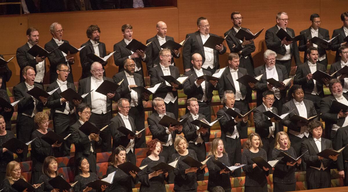 The Los Angeles Master Chorale performs under the direction of Gustavo Dudamel Thursday in Disney Hall.
