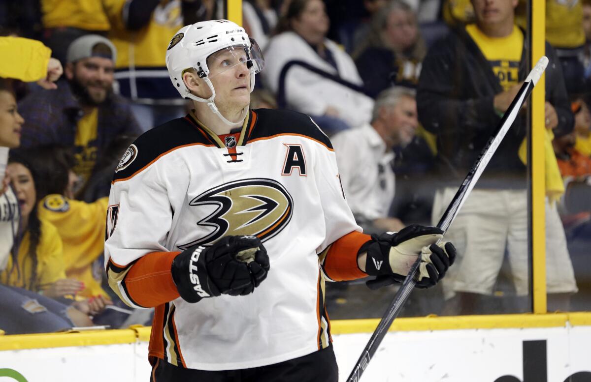 Ducks forward Corey Perry watches the scoreboard during the third period of Game 6 of Anaheim's playoff series with the Nashville Predators on April 25.