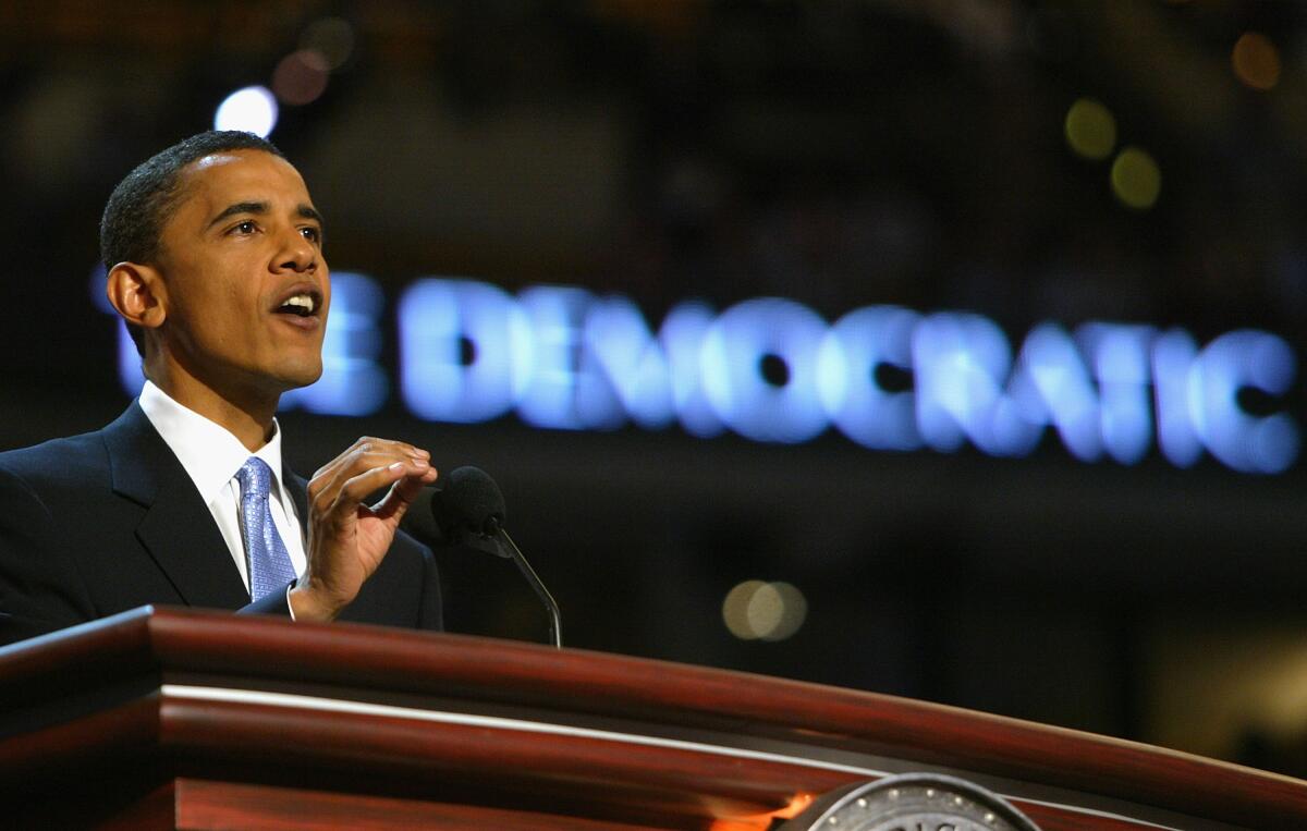 Barack Obama delivering the keynote address at the DNC on July 27, 2004.