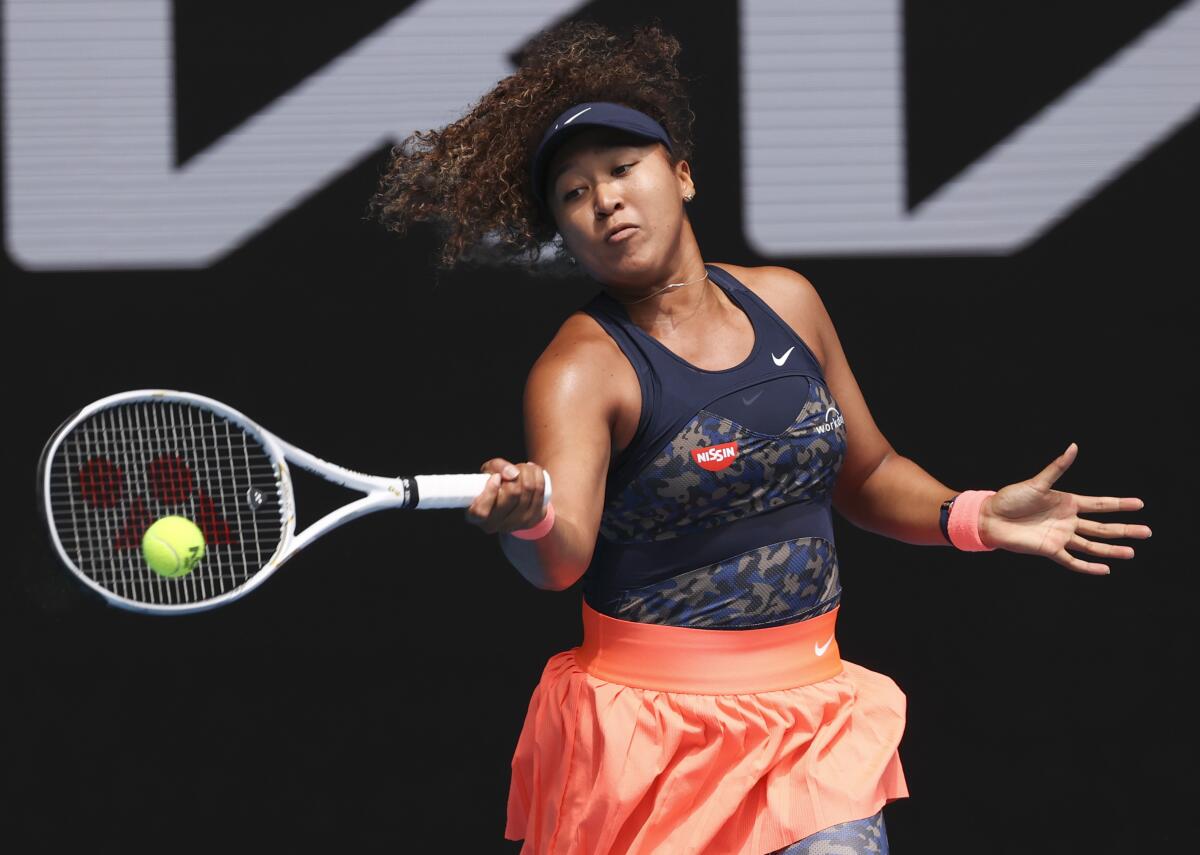 Naomi Osaka hits a forehand return during her victory over Hsieh Su-wei in the Australian Open quarterfinals on Tuesday.