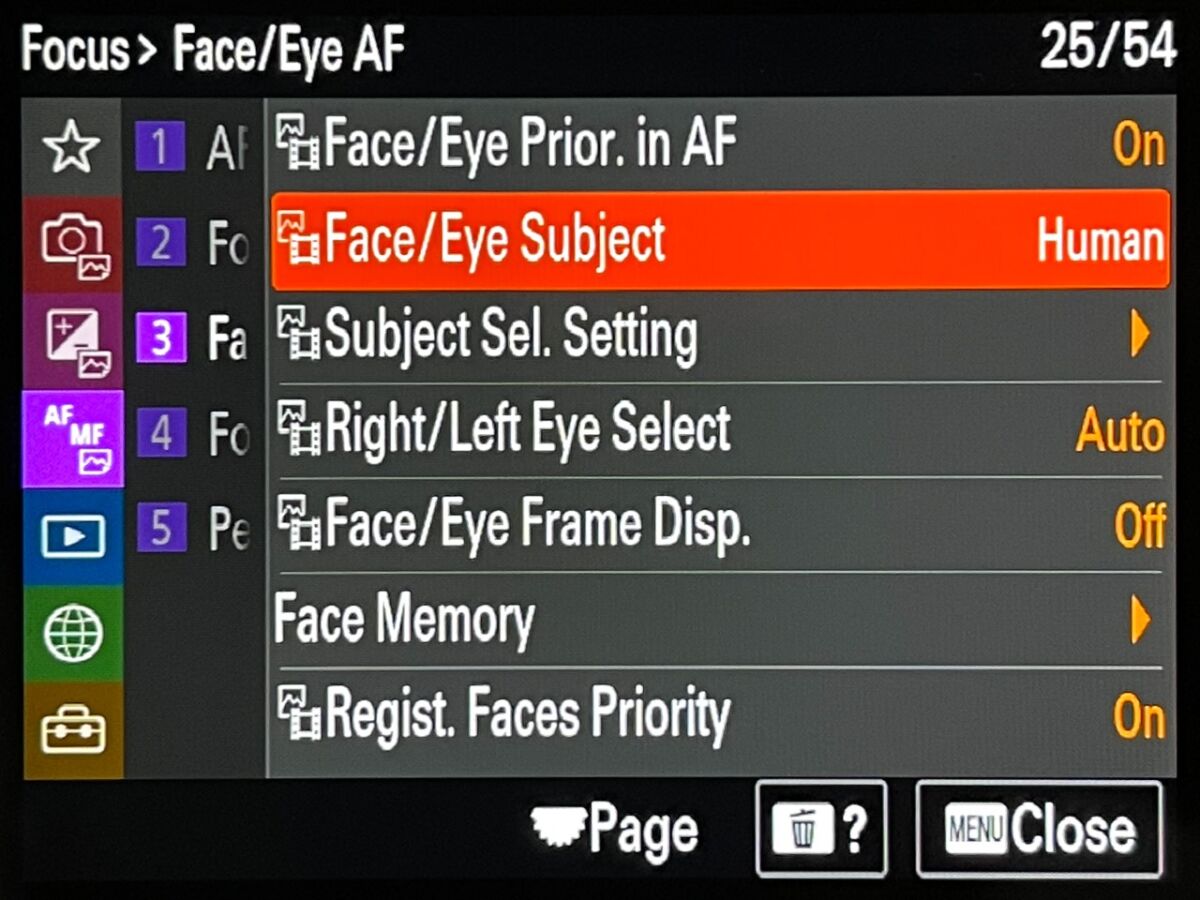 One of the Sony Alpha 1 menus