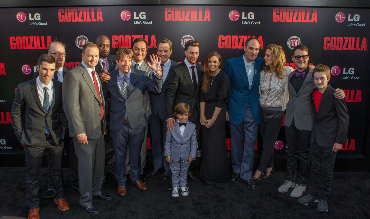 The full cast of the movie "Godzilla" at the premiere Thursday at the Dolby Theater in Hollywood.