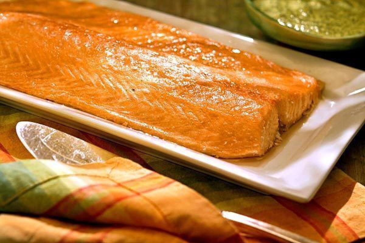Oven-steamed salmon with dill mayonnaise.
