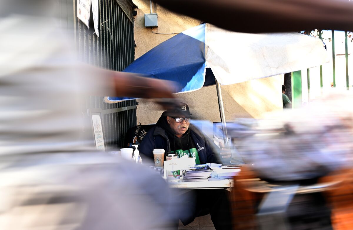 Wendell Blassingame sits at the entrance to San Julian Park in downtown Los Angeles.