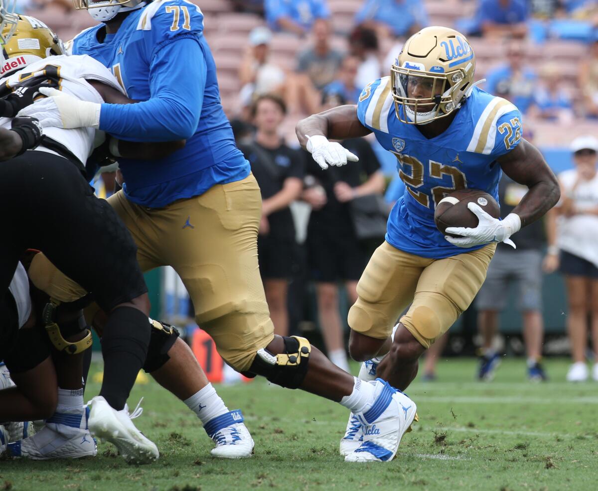 UCLA running back Keegan Jones looks for an opening during the second quarter against Alabama State on Sept. 10, 2022.