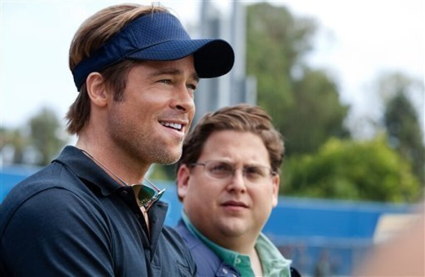 In this image released by Sony Pictures, Brad Pitt, left, and Jonah Hill are shown in a scene from "Moneyball." 