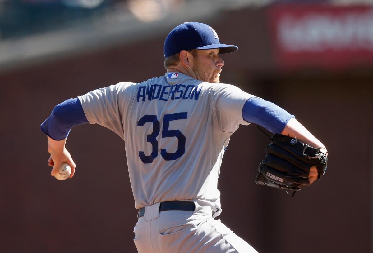 Brett Anderson pitches against the San Francisco Giants during the first inning of a game at AT&T Park on Oct. 1.