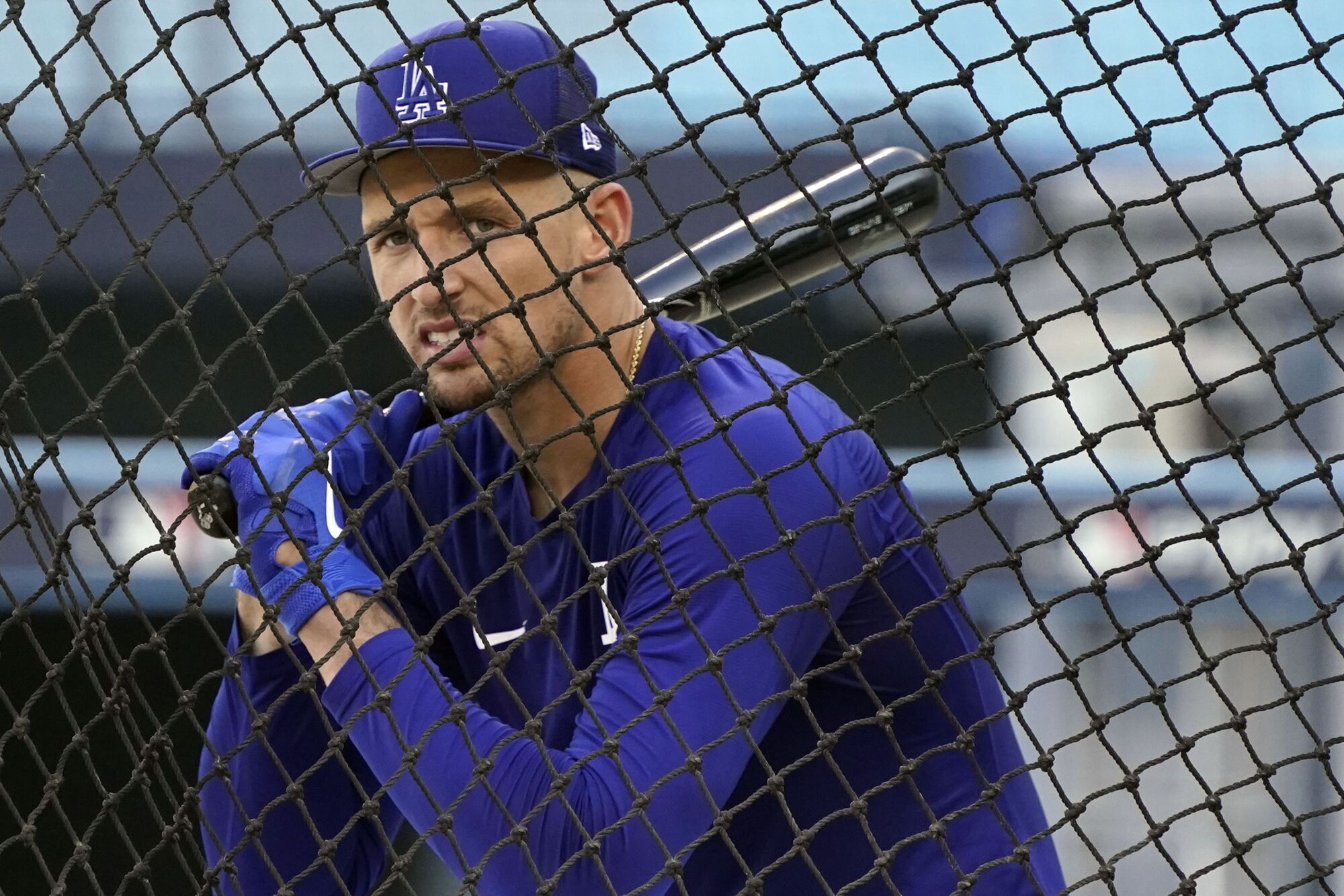 Trayce Thompson takes batting practice during a workout ahead of Game 1 of the National League Division Series.