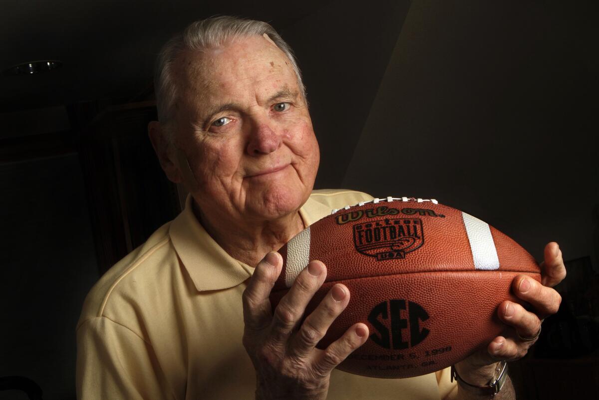 Legendary sports announcer Keith Jackson in the family room of his Sherman Oaks home in November 2015.