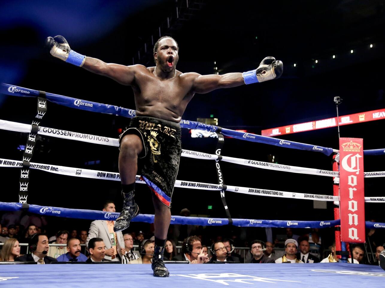 Bermane Stiverne enjoys the moment after winning the WBC heavyweight belt by stopping Chris Arreola in the sixth round Saturday at Galen Center.