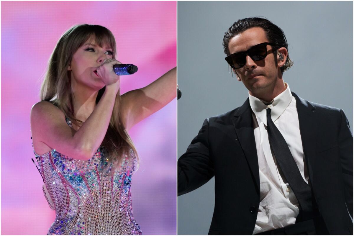 A split image of Taylor Swift singing into a mic in a sparkly outfit; Matty Healy wearing sunglasses, a black suit and tie.