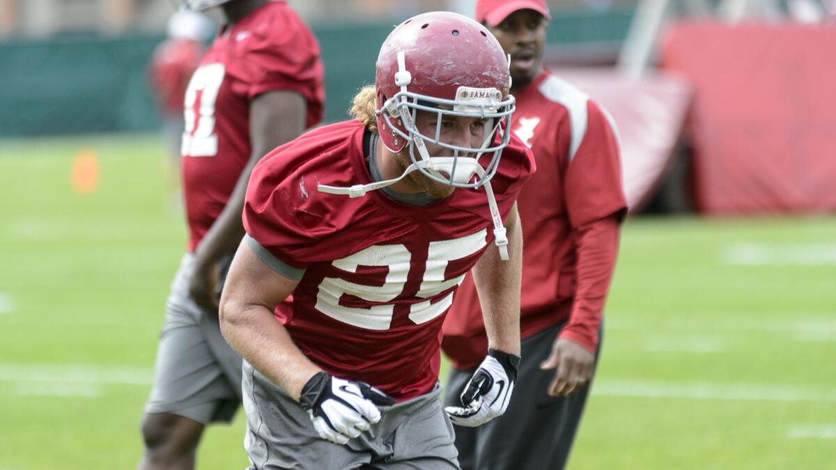 Alabama linebacker Dillon Lee works through drills during a spring practice session earlier this month.
