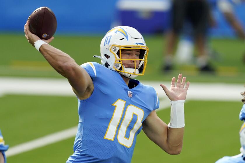 Los Angeles Chargers quarterback Justin Herbert passes against the New York Jets.