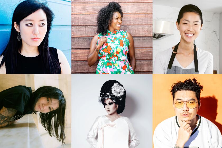 Top row: R.O. Kwon, by Smeeta Mahanti; Nyesha Arrington by Mariah Tauger / Los Angeles Times; Kristen Kish by Erica Genece. Bottom row: Michelle Zauner, who performs as Japanese Breakfast by Joyce Jude; Kim Chi by Adam Ouahmane; Dumbfoundead by Mariah Tauger / Los Angeles Times