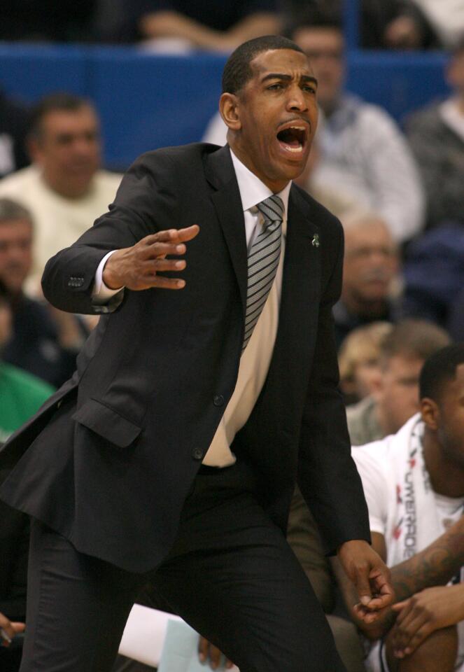 HARTFORD, CT; 2/16/2013: UConn head basketball coach Kevin Ollie yells instructions to his team while playing Villanova at the XL Center in Hartford Saturday. UConn lost 61-70.