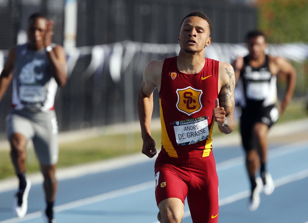 USC's Andre De Grasse wins the 200-meter race at the Pac-12 track and field championships.