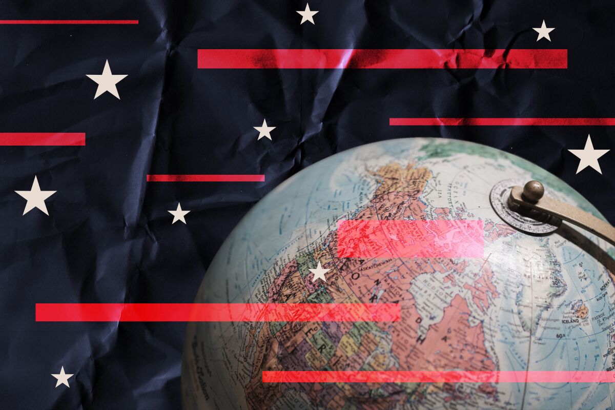 Photo illustration of a globe showing North America, with stars and stripes as background elements