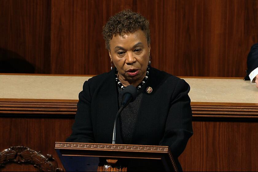 Rep. Barbara Lee, D-Calif.,speaks as the House of Representatives debates the articles of impeachment against President Donald Trump at the Capitol in Washington, Wednesday, Dec. 18, 2019. (House Television via AP)