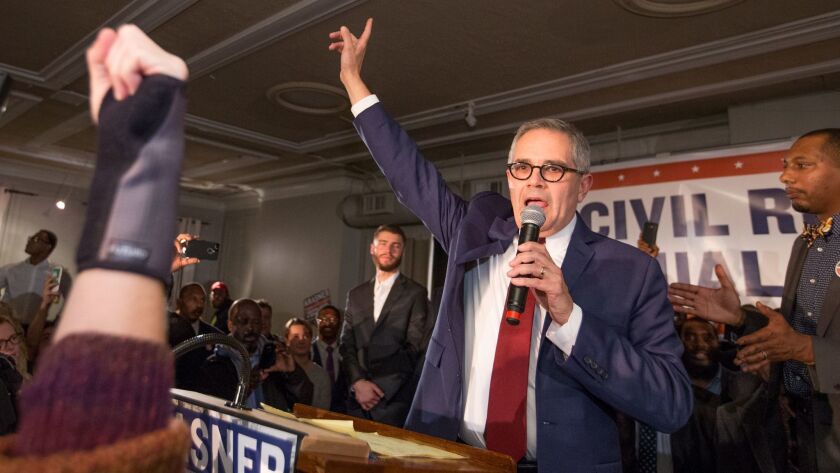Democratic nominee Larry Krasner takes the stage after winning the election to be the next Philadelphia District Attorney in Philadelphia on Nov. 7.