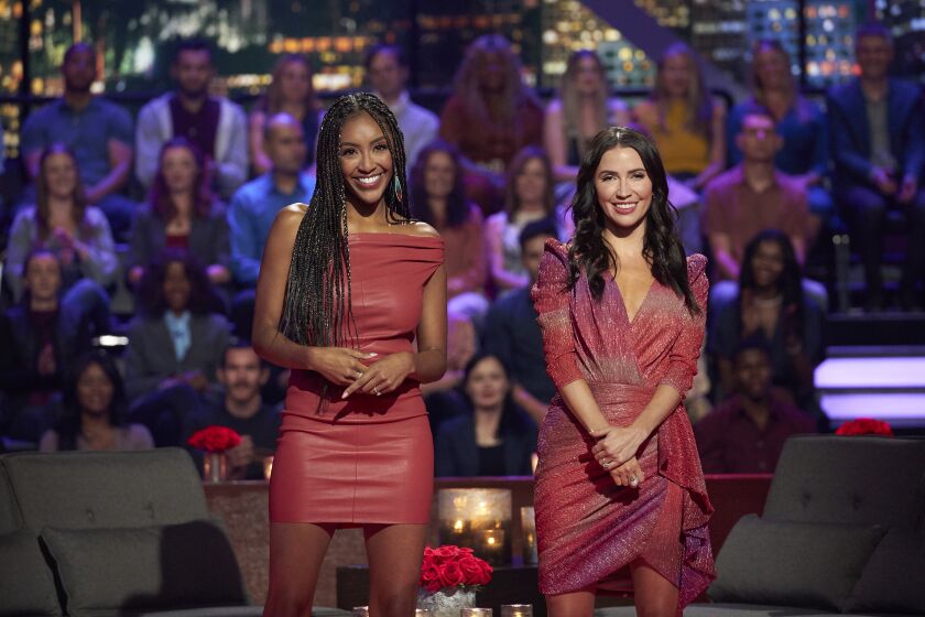 THE BACHELORETTE - "1708/Men Tell All" - It's time for Katie's former suitors to talk it out. But first, one of the men has an emotional realization about his journey to find love, which leads to a heartbreakingly honest conversation with Katie at the resort. Then, it's time for the men to get real when they reunite for the first time since New Mexico to hash out all the drama and laugh at their mistakes, all in front of a live studio audience. Plus, a look at the final two episodes of the season. Find out on "The Bachelorette," MONDAY, JULY 26 (8:00-10:00 p.m. EDT), on ABC. (Craig Sjodin/ABC via Getty Images) TAYSHIA ADAMS, KAITLYN BRISTOWE