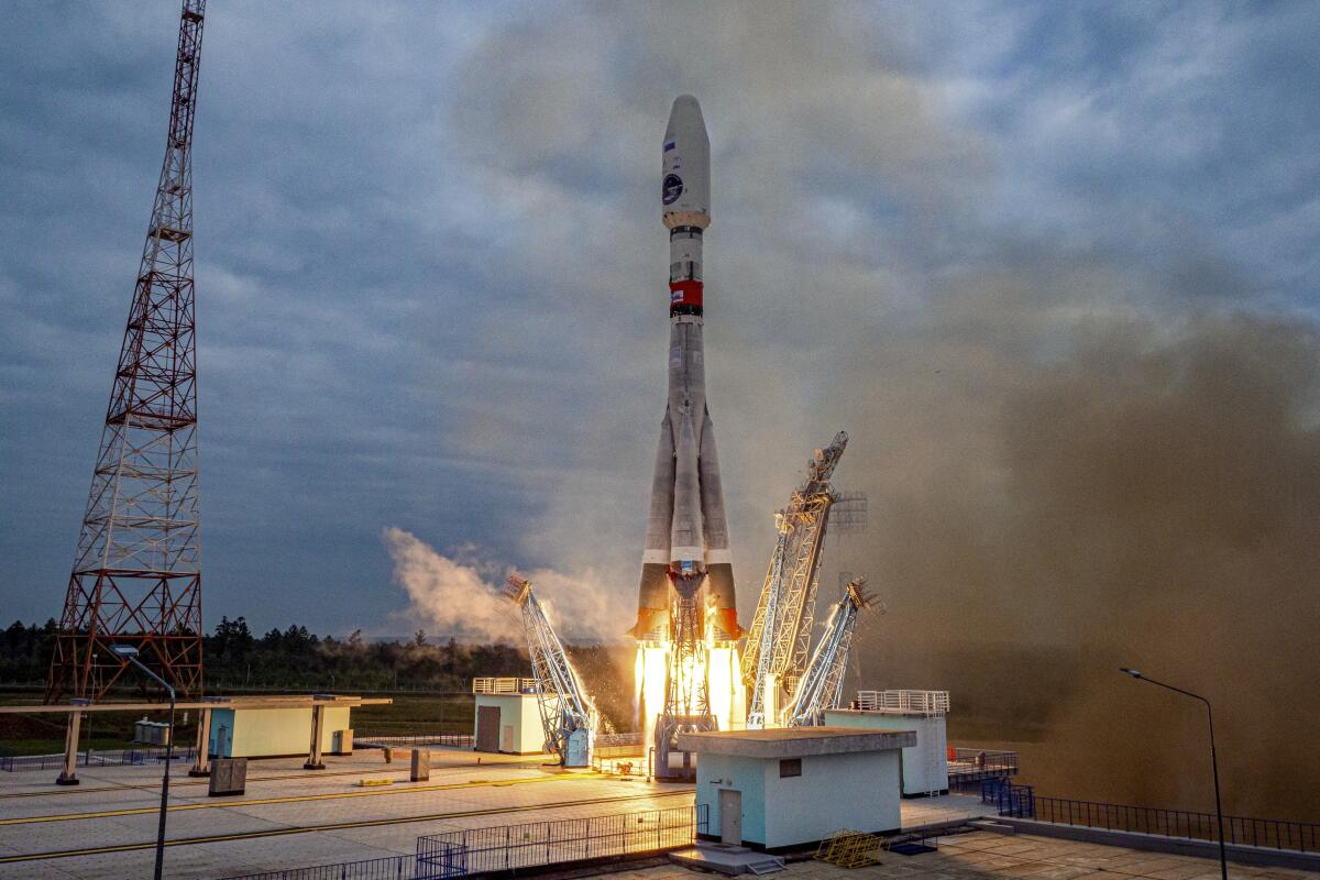 A Soyuz-2.1b rocket with the Luna-25 robotic probe lifts off from the Vostochny cosmodrome in Russia.