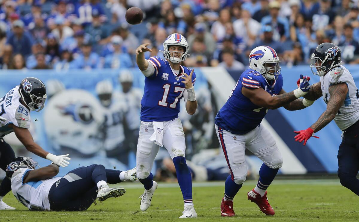 NASHVILLE, TENNESSEE - OCTOBER 06: Josh Allen #17 of the Buffalo Bills throws a pass against the Tennessee Titans during the second quarter of the game at Nissan Stadium on October 06, 2019 in Nashville, Tennessee. (Photo by Silas Walker/Getty Images)