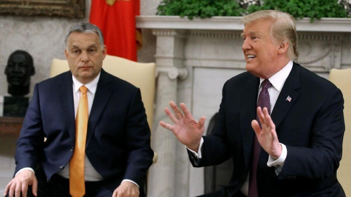 President Trump speaks to the media during a meeting with Hungarian Prime Minister Viktor Orban at the White House on Monday.