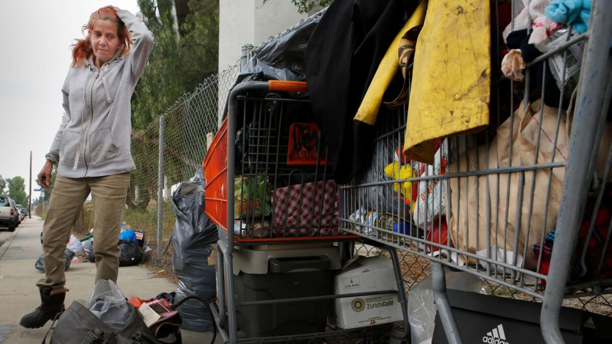 Jeannine Tantin, 50, pauses as she clears out her possessions near the 405 and 118 interchange.