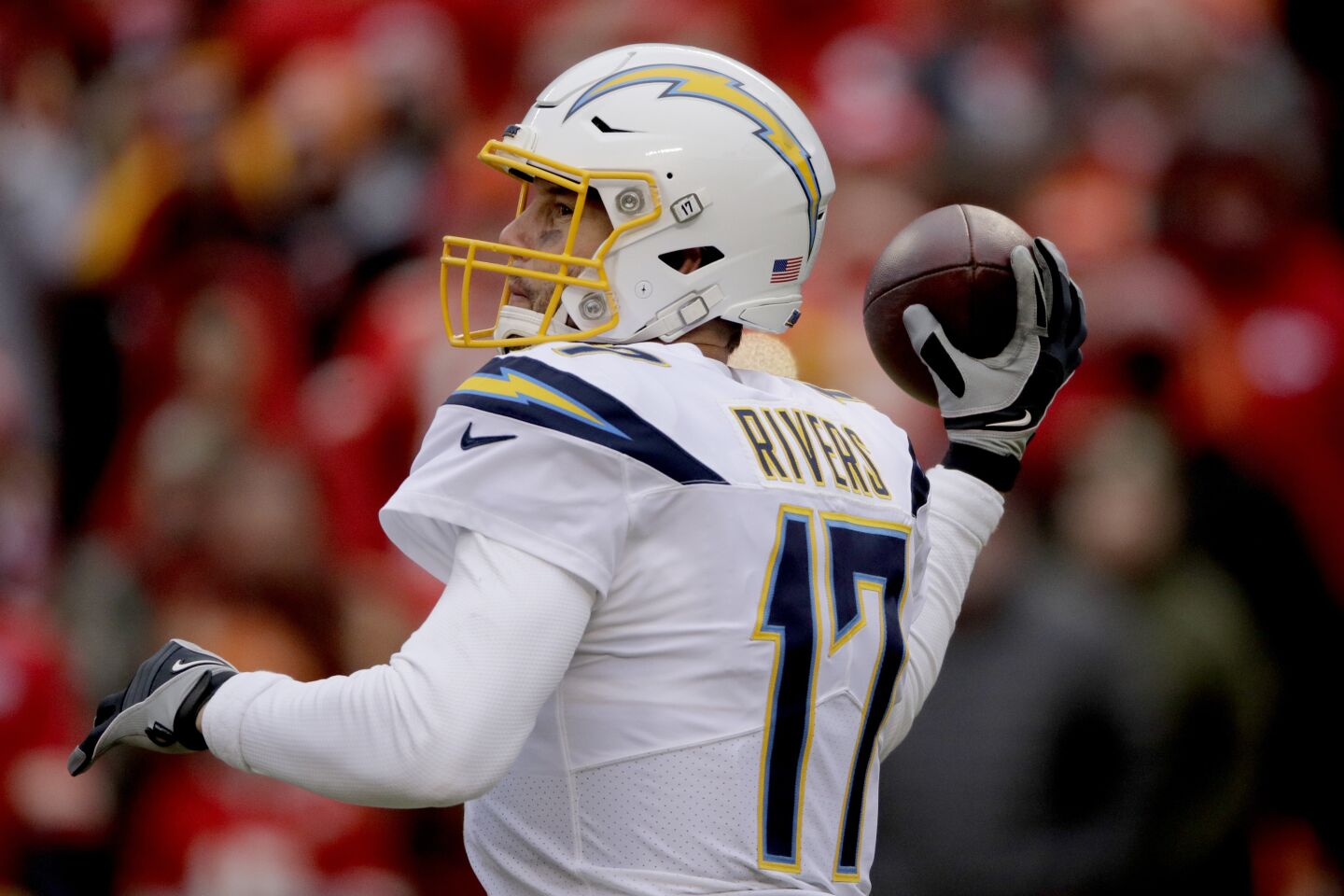 Chargers quarterback Philip Rivers (17) looks to pass during a game against the Chiefs on Dec. 29.