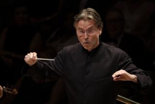 LOS ANGELES, CA OCTOBER 24, 2019: Esa-Pekka Salonen conducting at Walt Disney Concert Hall. On its 100th birthday, the LA Phil holds a gala concert at the Walt Disney Concert Hall October 24, 2019. The event includes its three living music directors -- Zubin Mehta, Esa-Pekka Salonen and Gustavo Dudamel -- performing the premiere of Icelandic composer Daniel Bjarnason’s “From Space I saw Earth,” for three conductors, written for the occasion. (Francine Orr/ Los Angeles Times)