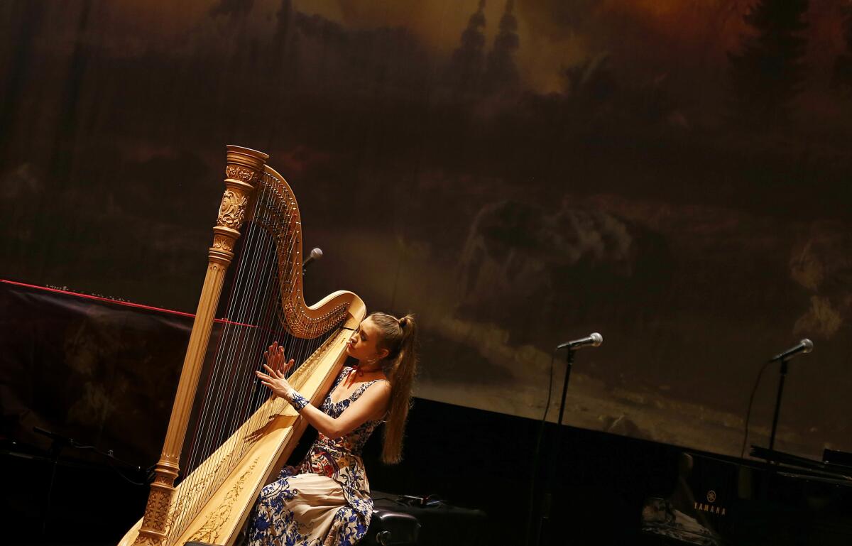 Joanna Newsom performs Friday night at the Orpheum Theatre in Los Angeles.