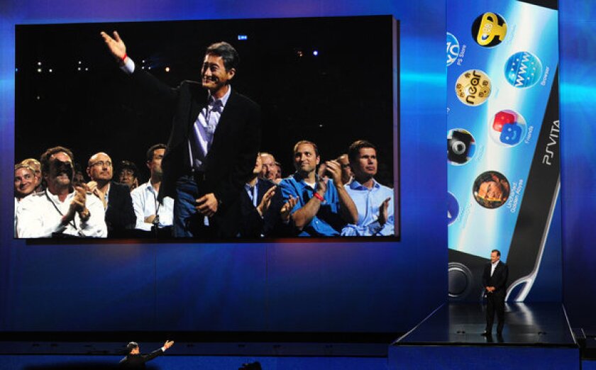 Sony Chief Executive Kazuo Hirai on the big screen at the E3 game convention in Los Angeles.