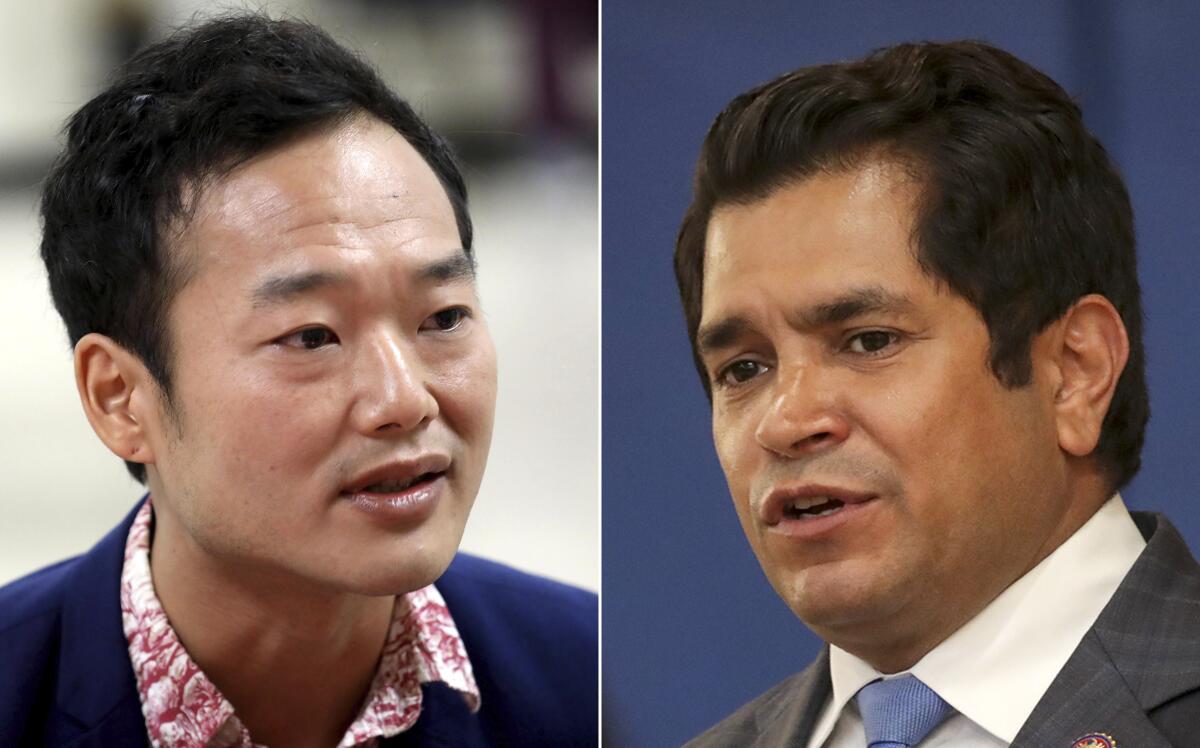 David Kim (left) is challenging Rep. Jimmy Gomez in the 34th Congressional District.