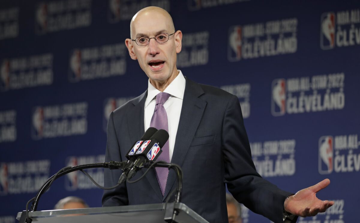 NBA Commissioner Adam Silver answers a question about the 2022 NBA All-Star game in Cleveland.