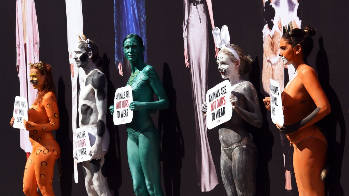 Body-painted activists parade placards outside Fashion Week Australia calling on the fashion industry to drop the use of fur, wool, leather and other skins used by some designers, in Sydney on April 13.