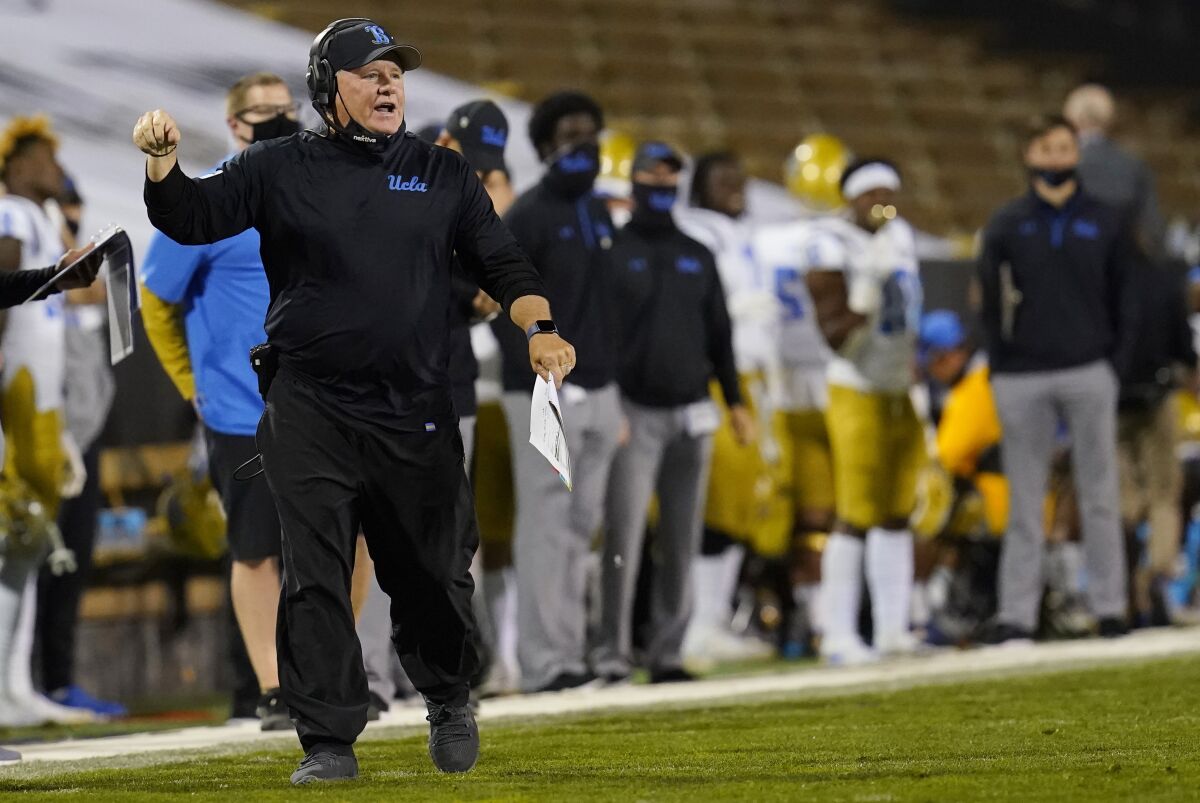 UCLA coach Chip Kelly argues for a call in the second half against Colorado on Nov. 7, 2020.