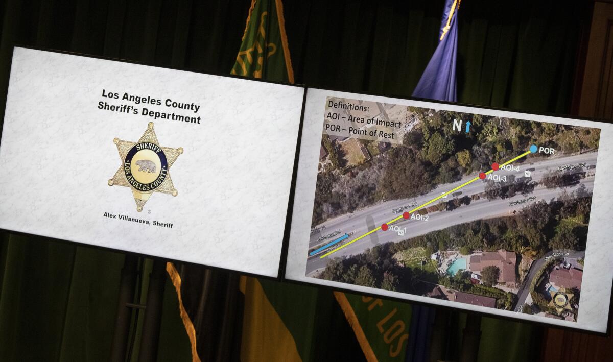 Graphics on monitors detail observations on the investigation into the crash that injured Tiger Woods.