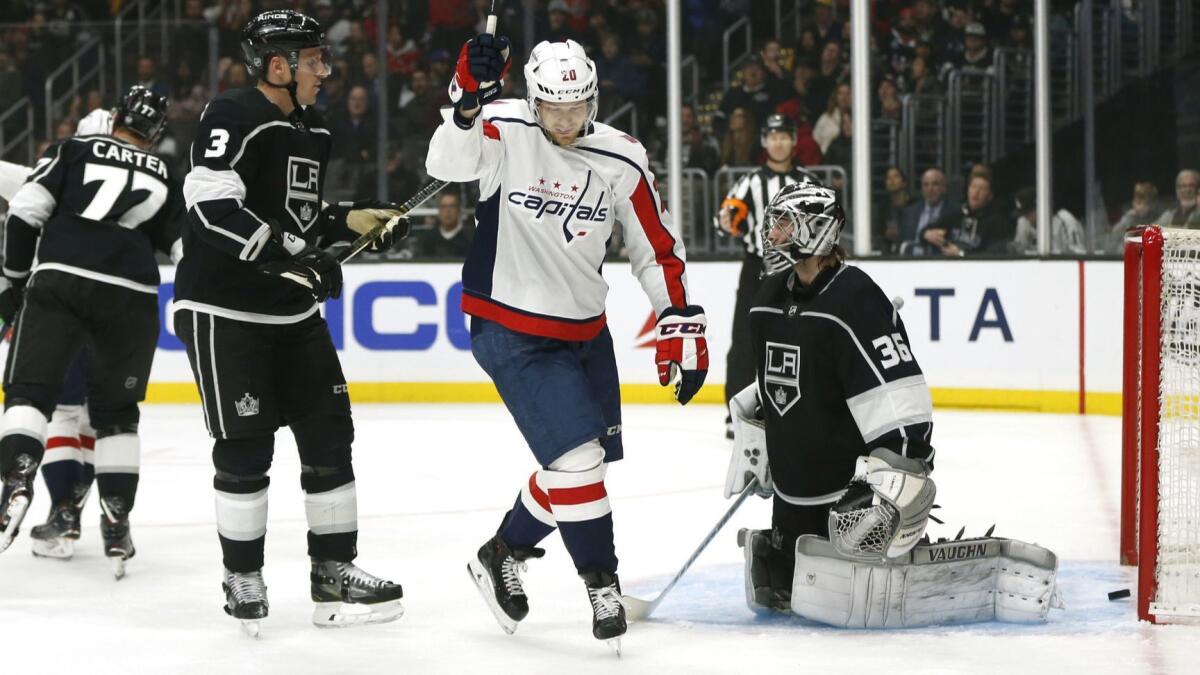 Washington's Lars Eller reacts after a teammate scored against goalie Jack Campbell and the Kings on Monday night.