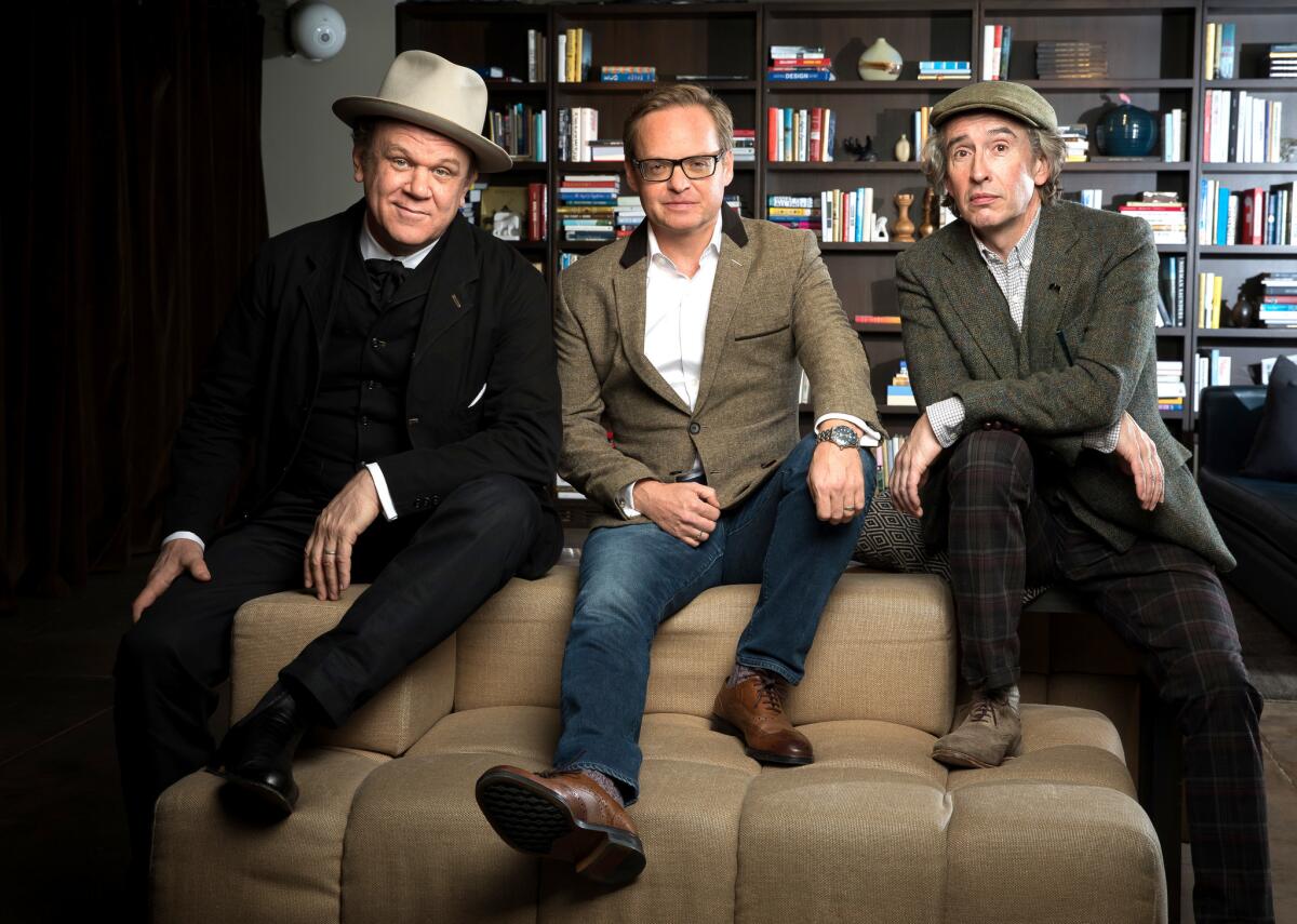 Director Jon S. Baird, center, and actors John C. Reilly, left, and Steve Coogan, right, are the team behind the movie "Stan & Ollie. Photographed at Neuehouse in New York City.