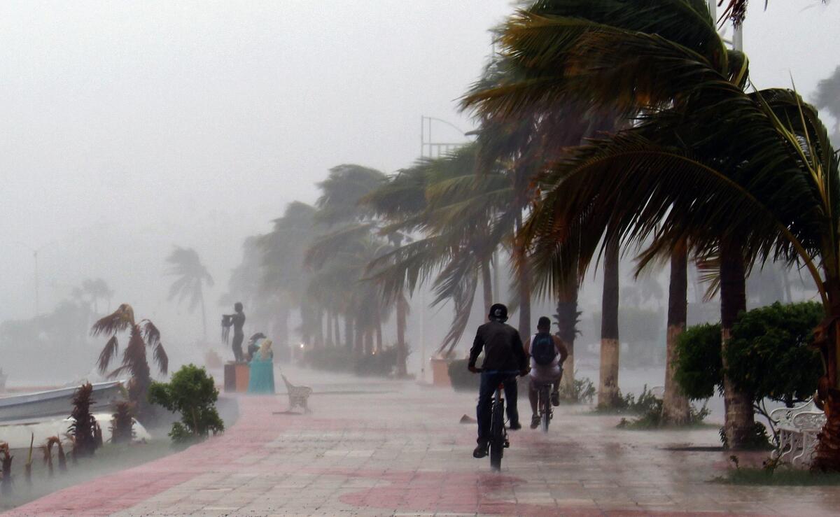 Two men ride bikes along the seaside Boulevard of Los Cabos during the passage of Hurricane Newton in Baja California's Sur state on Sept. 6.