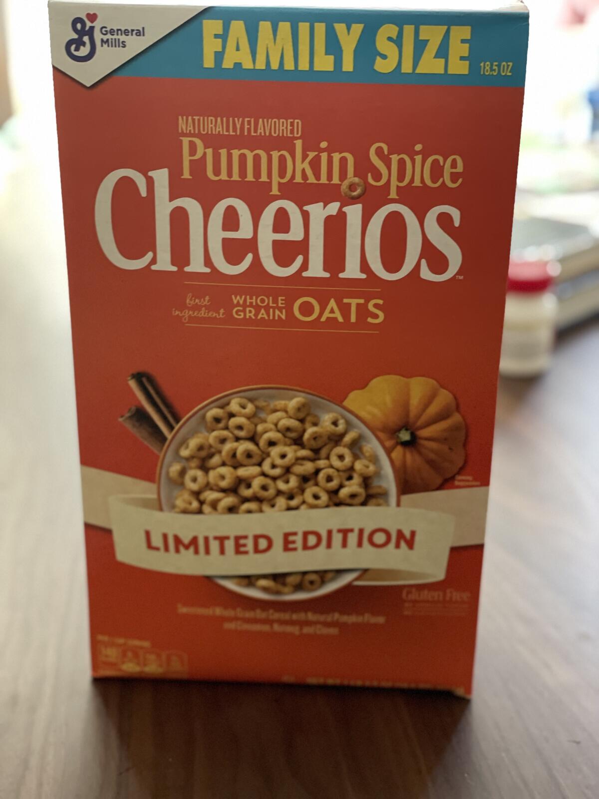 A box of Pumpkin Spice Cheerios cereal