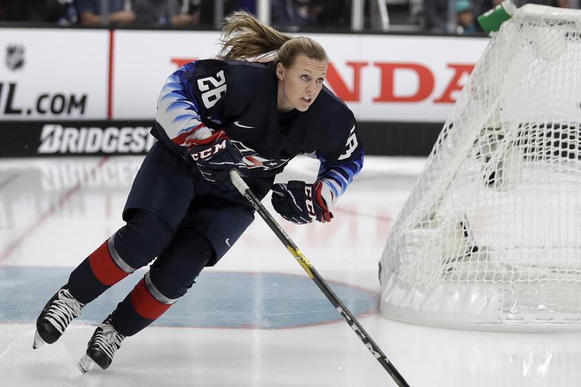 FILE - In this Jan. 25, 2019, file photo, United States' Kendall Coyne Schofield skates during the Skills Competition.