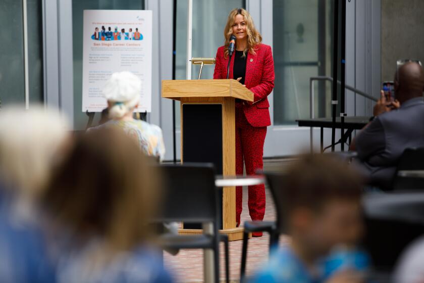 Misty Jones, director of San Diego Public Library, makes opening remarks during the 10th anniversary celebration of the Central Library in downtown San Diego on Saturday, Sept. 30, 2023. The library, which opened in September 2013, was designed by architect Rob Wellington Quigley and features the iconic lattice dome overlooking the city.