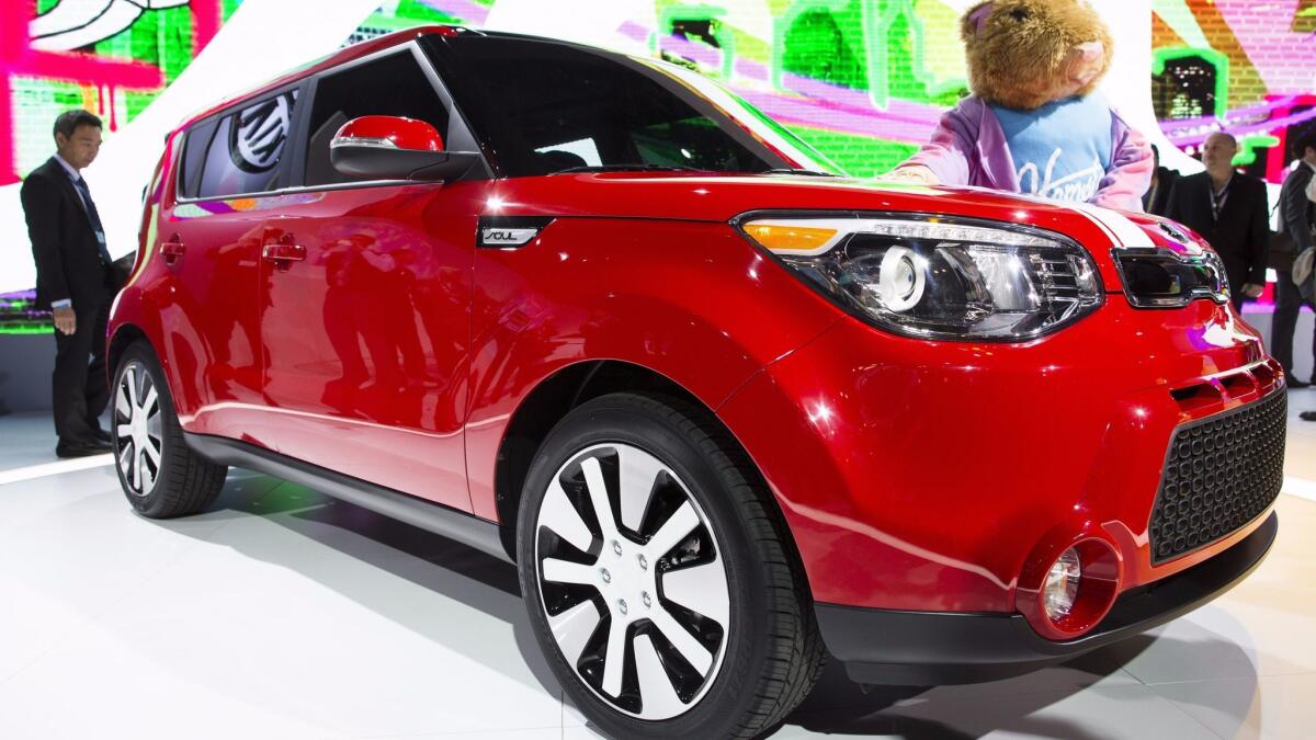 The 2014 Kia Soul is displayed at the 2013 New York International Auto Show. A recall affects the Soul and Soul EV from the 2014 to 2016 model years.