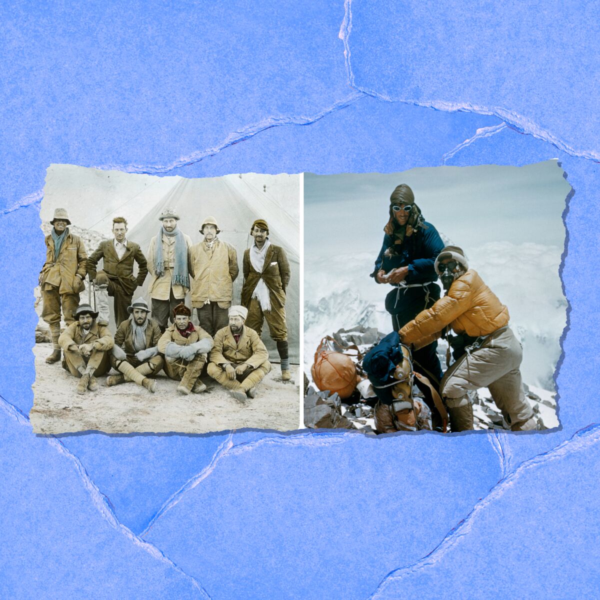 Two photos: Nine men pose for a group photo; two men in heavy jackets, hats and goggles stand on a snowy mountain.