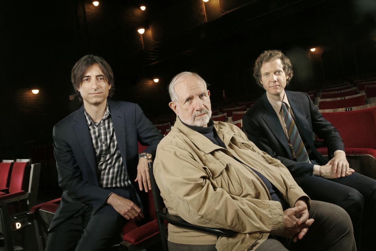 Brian DePalma, center, is the subject of "De Palma," a new documentary about him and his work, from fellow filmmakers Noah Baumbach, left, and Jake Paltrow, right.